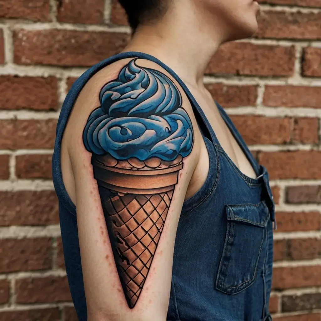 Tattoo of a blue ice cream cone on shoulder, featuring detailed shading and textured waffle cone, against a brick wall background.