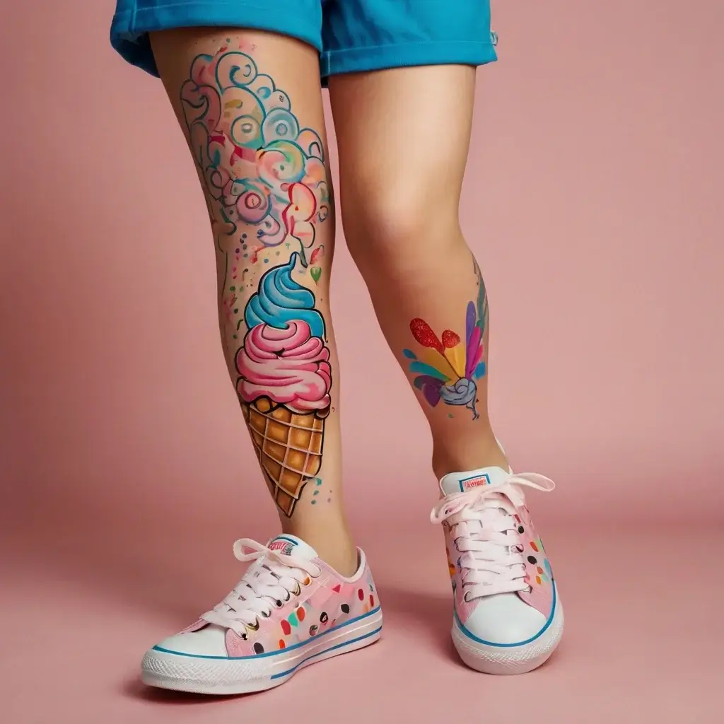 Colorful tattoos of a pink and blue ice cream cone and rainbow motifs, paired with vibrant, matching sneakers.