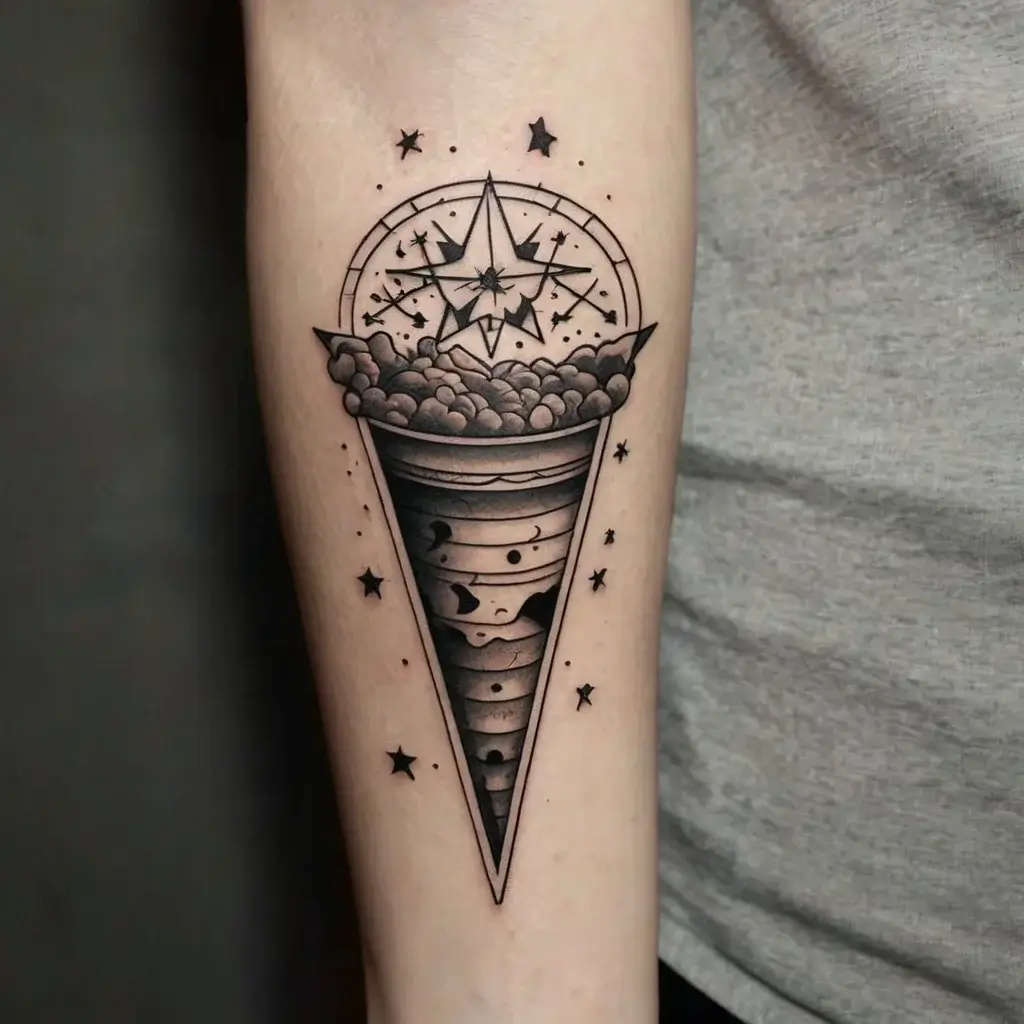 Tattoo of a stylized cone with clouds, a starry compass, and celestial elements, blending nature and navigation themes.