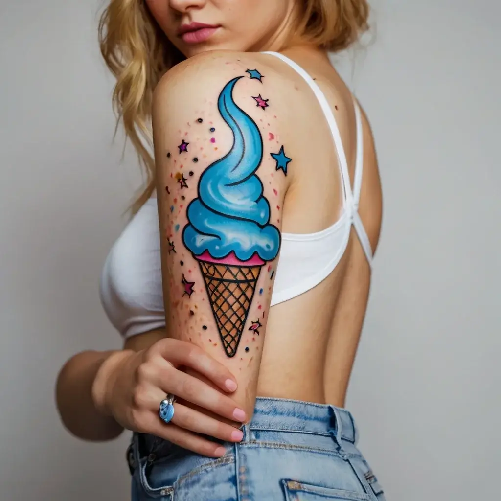 Colorful blue ice cream cone tattoo with pink stars and dots on upper arm; whimsical and playful design.