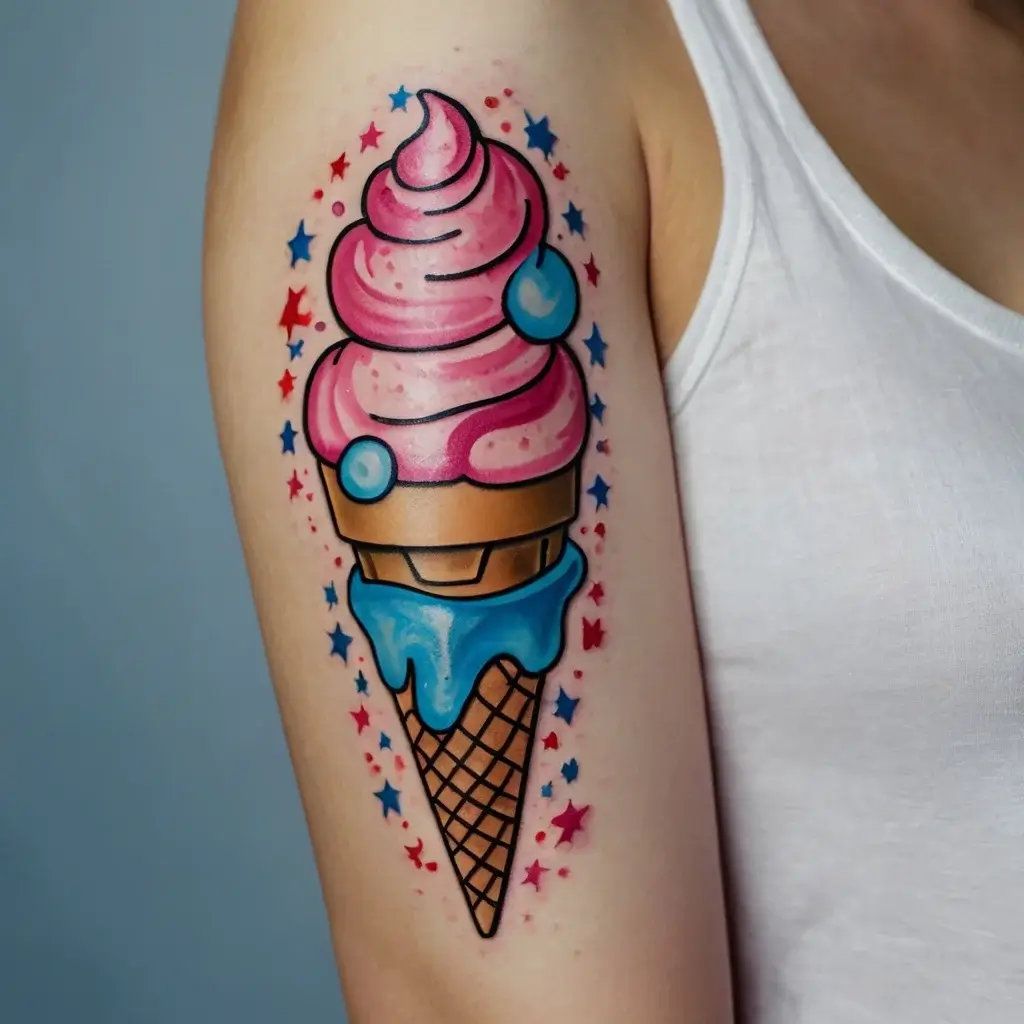 Colorful ice cream cone tattoo with pink swirl, blue drip, and surrounding red and blue stars on the upper arm.