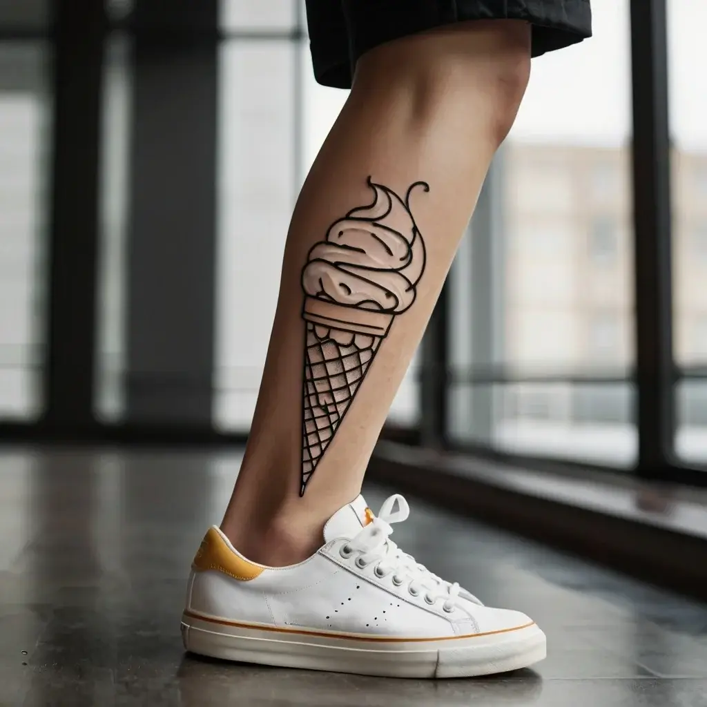 Tattoo of a large, detailed ice cream cone in black outline on calf, with swirled scoop and waffle cone texture.