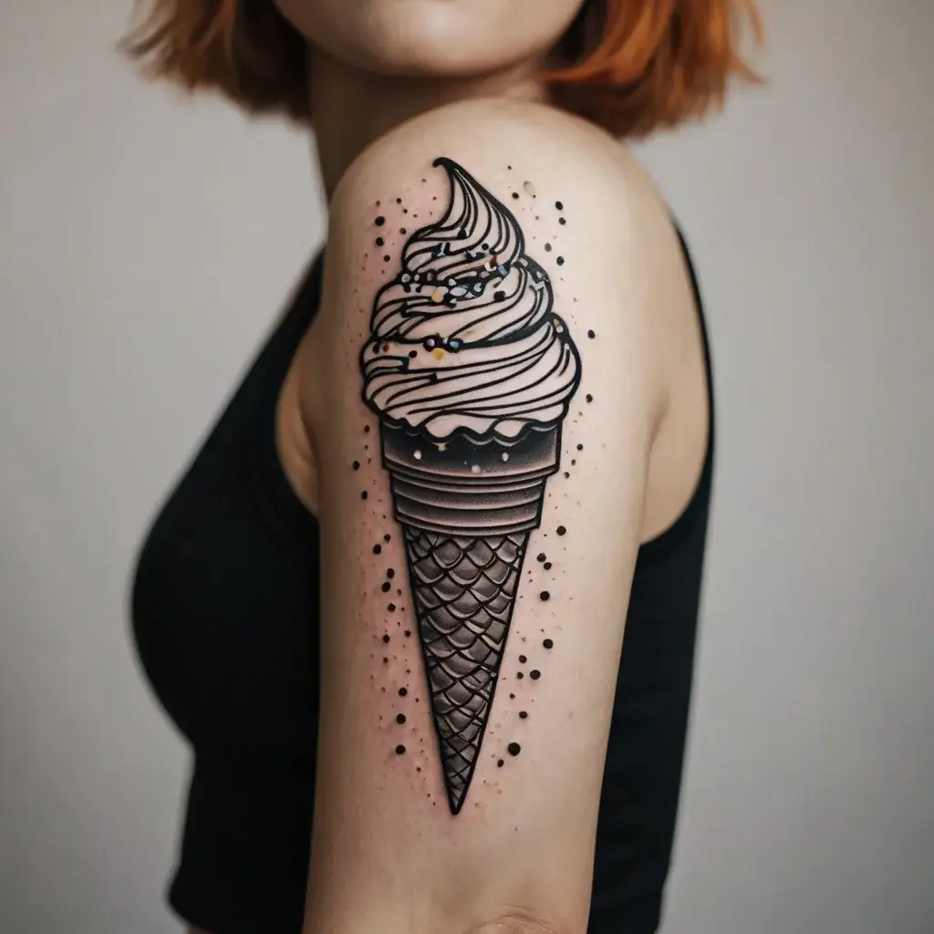 Tattoo of a detailed black ice cream cone with dot work shading and colorful sprinkles on the swirl, on upper arm.