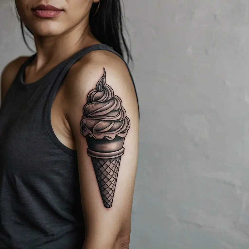 Ice cream cone tattoo with intricate shading and detail on the arm, showcasing a swirl design and textured waffle cone.