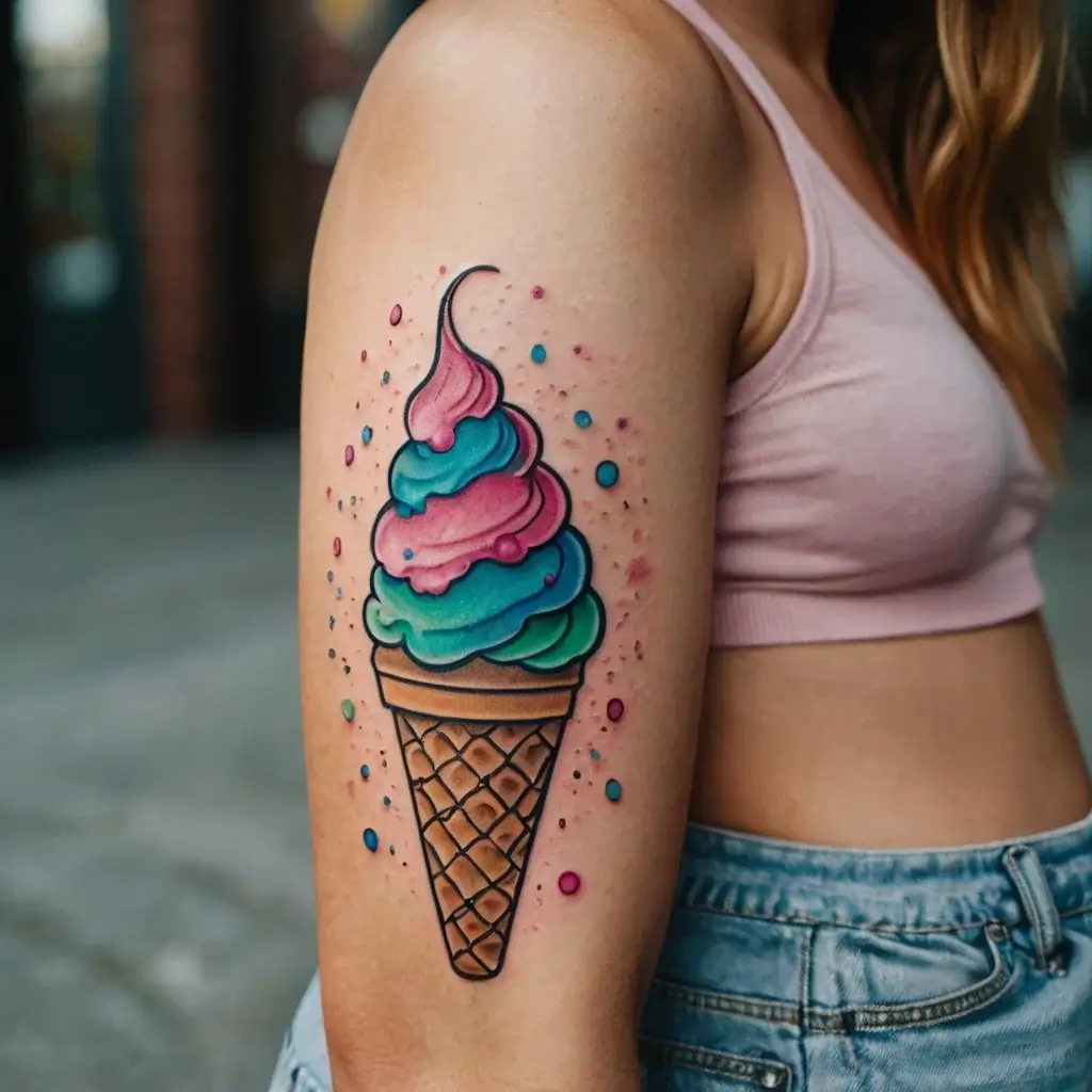 Colorful ice cream cone tattoo with pink, green, and blue swirls, accented by dots and shading on the upper arm.