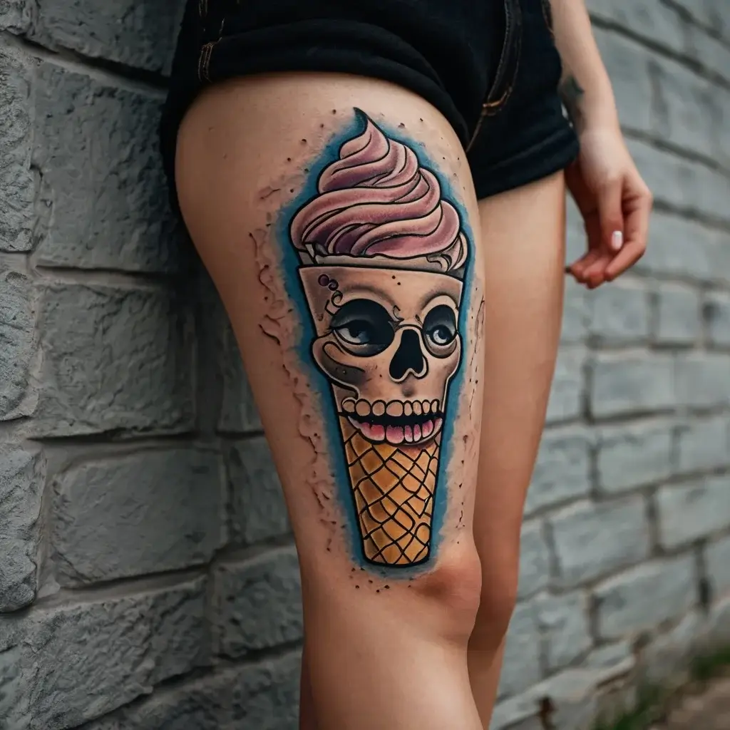 Tattoo of an ice cream cone with a skull face on the cone. Topped with pink ice cream, and blue shadow background.