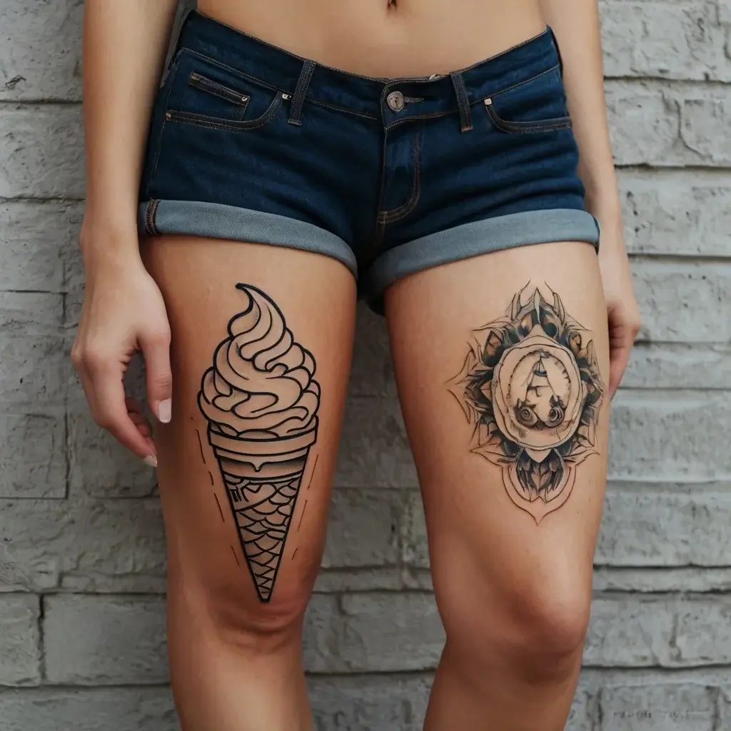 Left thigh: bold linework ice cream cone. Right thigh: ornate mandala with A symbol, intricate shading and dot work.