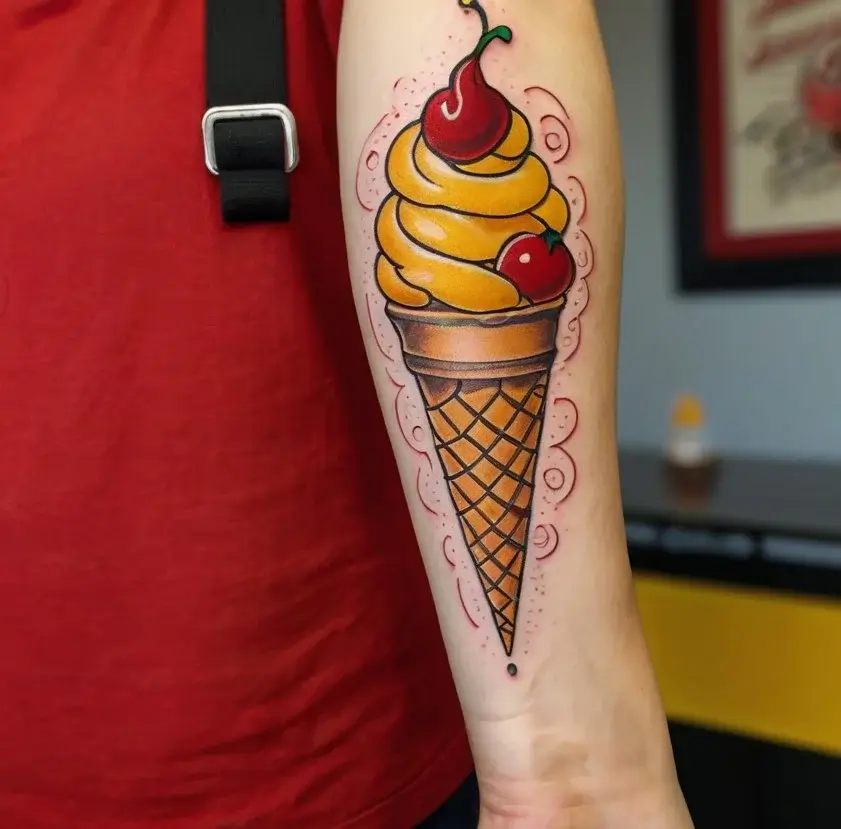 Tattoo of a yellow soft-serve ice cream cone with red cherries, outlined in black with swirling red accents.