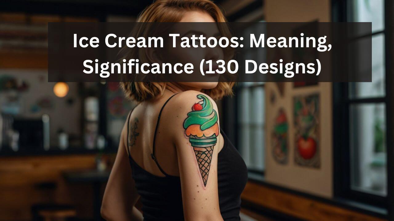 Colorful ice cream cone tattoo on arm with swirls and cherry on top, blending playfulness and vibrant art.