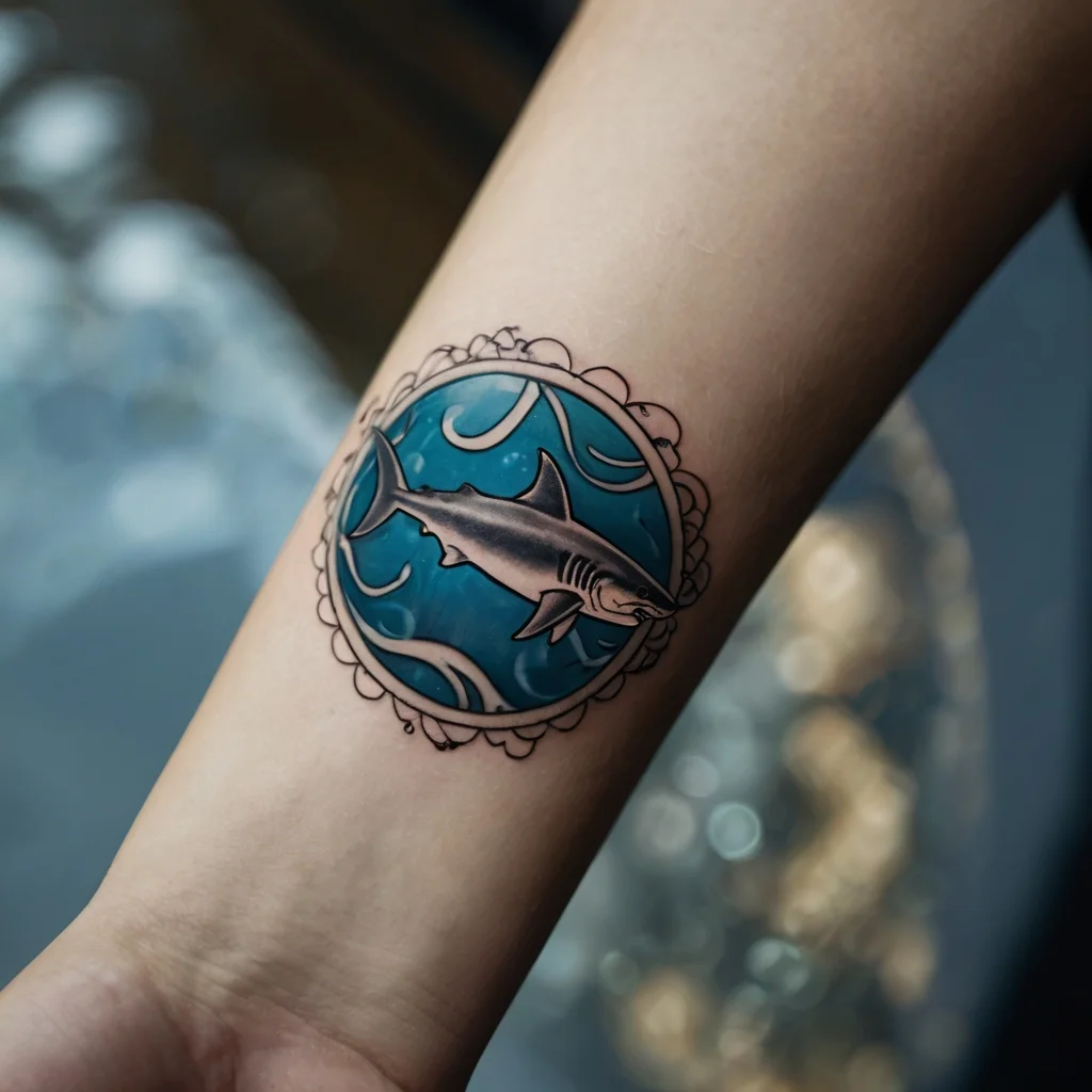 A dynamic shark tattoo within a blue, circular ocean motif, encircled by delicate lace-like detailing.