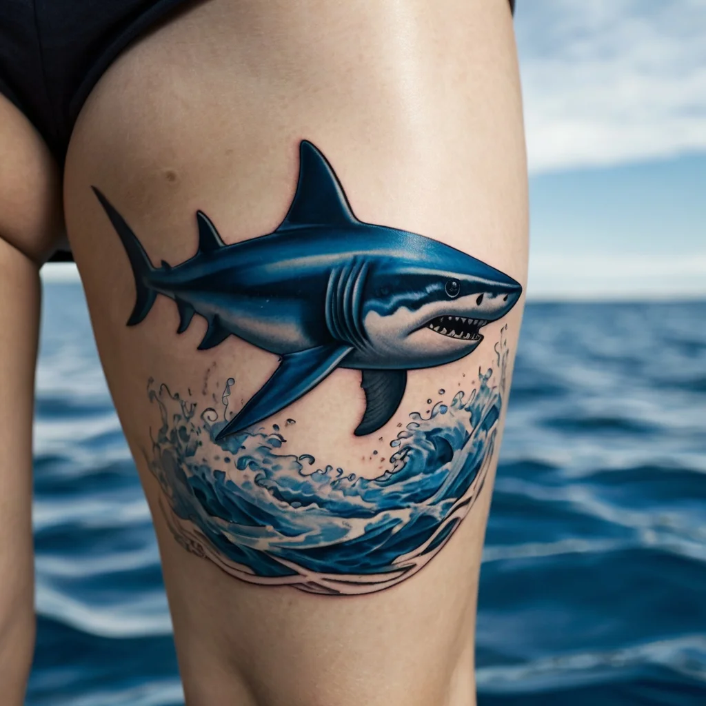 Realistic blue shark tattoo on thigh, emerging from vivid ocean waves, showcasing dynamic motion and bold colors.