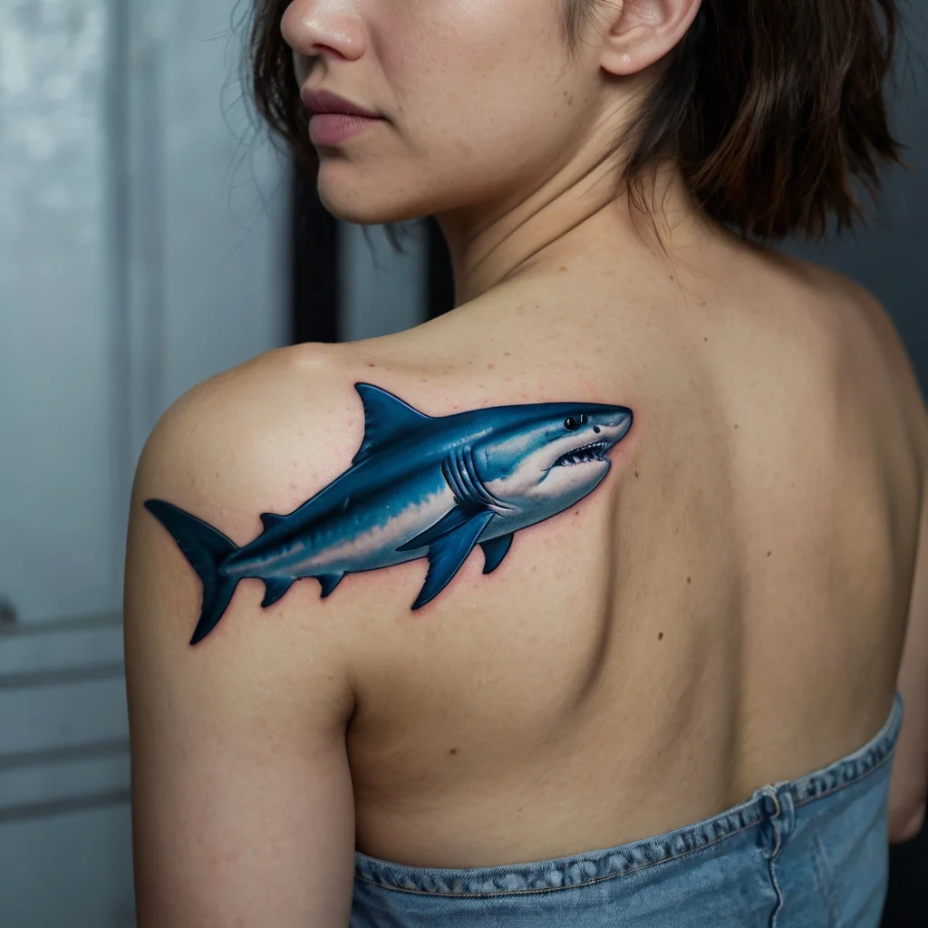 Realistic shark tattoo in blue hues on the shoulder, capturing dynamic motion and lifelike detail.