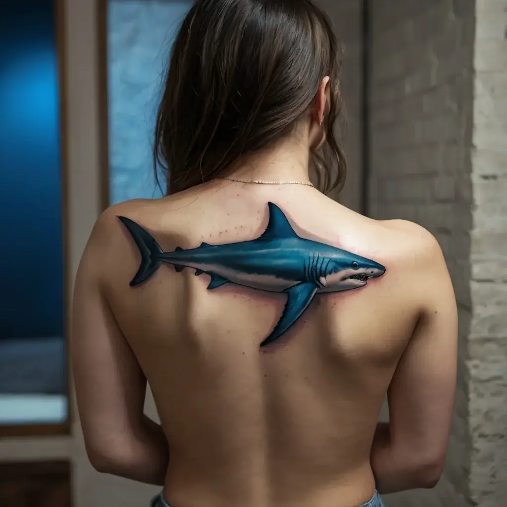 Realistic blue shark tattoo on back, emphasizing movement and 3D effect with detailed shading and vibrant colors.