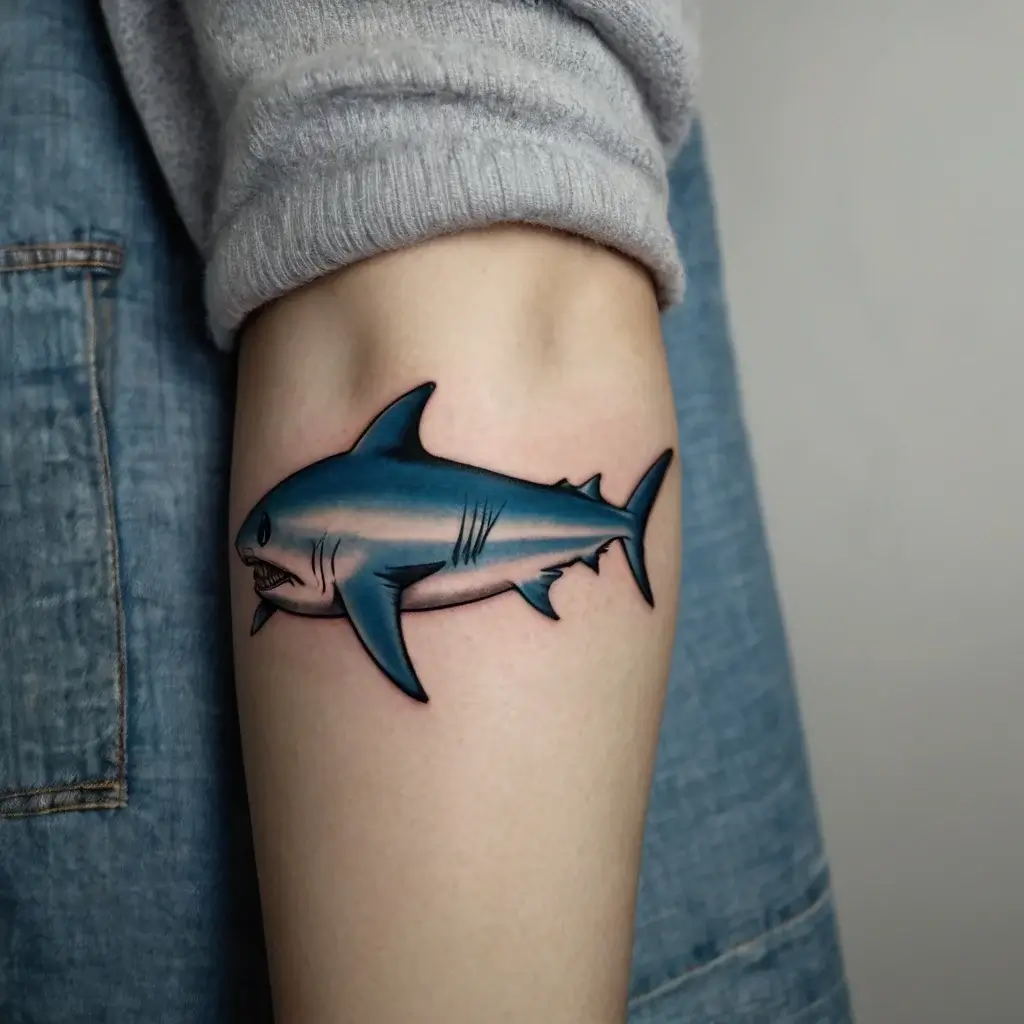 Blue and grey shark tattoo on arm, showcasing a realistic design with bold outlines and detailed shading.