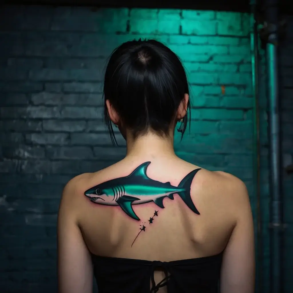 Stylized teal and pink shark tattoo on upper back with dynamic lines and stars, embodying strength and fluidity.