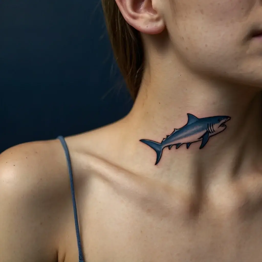 Tattoo of a stylized shark on the neck, featuring bold outlines and dynamic shading for a striking 3D effect.