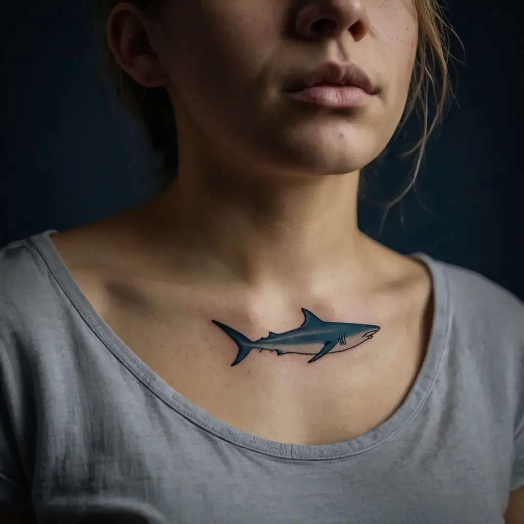 Shark tattoo on collarbone with bold outlines and blue-gray shading, showcasing its sleek form and dynamic motion.