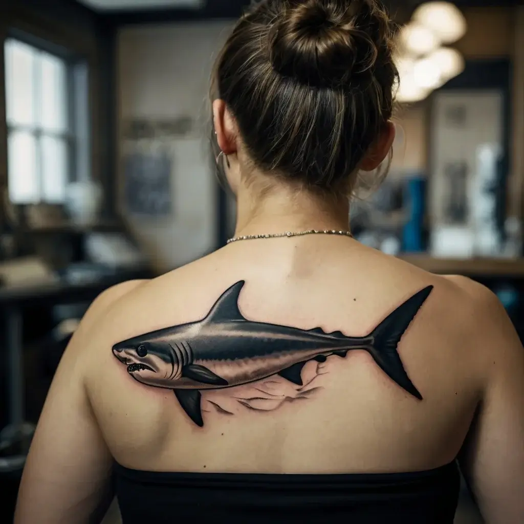 Tattoo of a realistic shark on upper back, showcasing detailed shading with dynamic water splash effects.