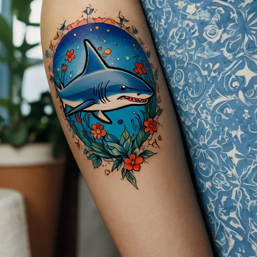 Colorful shark tattoo within a blue circle, surrounded by vibrant red flowers and green leaves, on an arm.