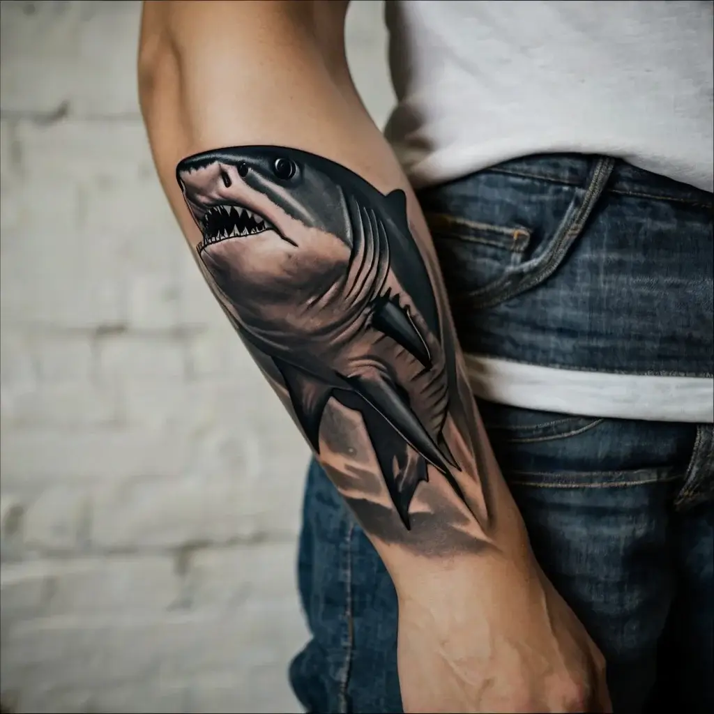 Realistic shark tattoo on forearm, depicting a dynamic, detailed great white with a shadowy backdrop for depth.