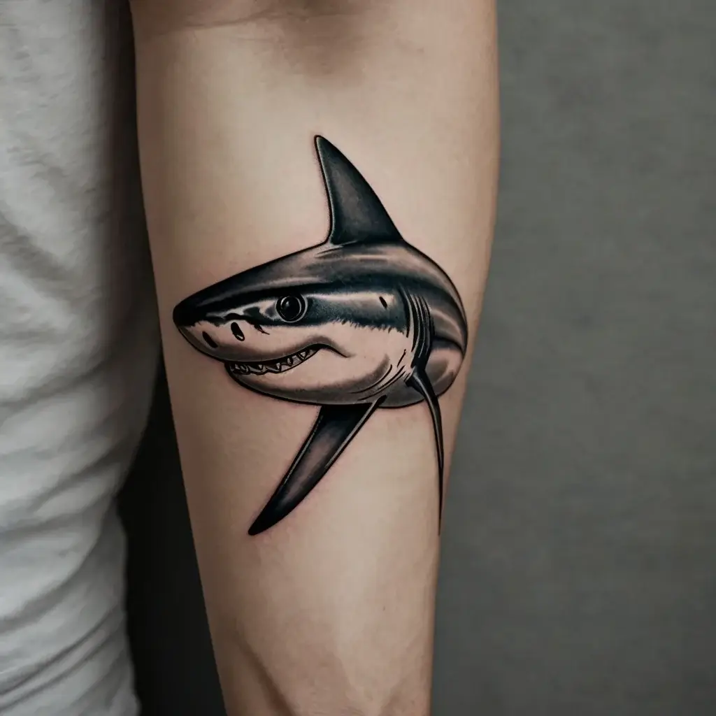 Realistic black and grey tattoo of a shark, showcasing detailed shading and sharp lines on the inner arm.