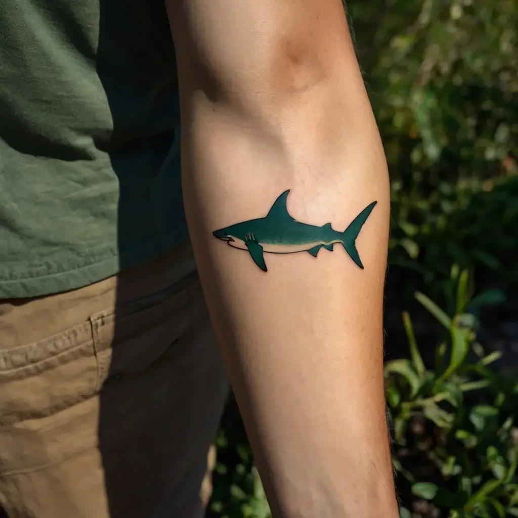 Tattoo of a stylized green shark on the inner arm, with smooth shading and a sleek, dynamic design.