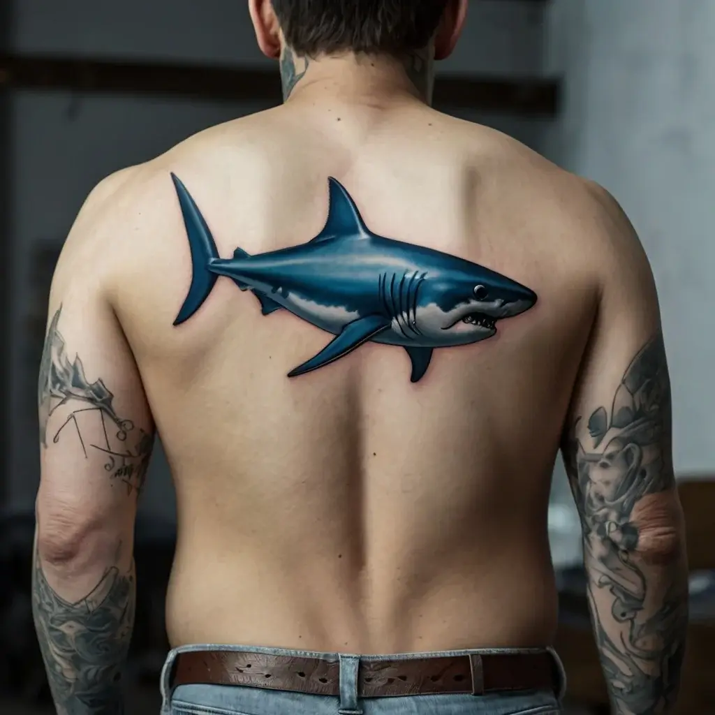 Back tattoo of a vibrant blue shark, detailed with shadowing and dynamic movement, symbolizing strength and adaptability.