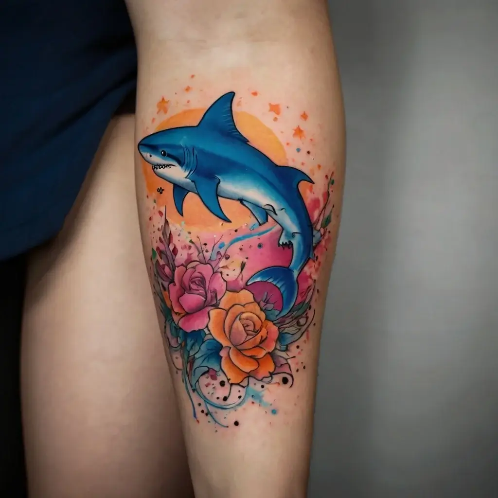 A vivid tattoo of a blue shark swimming over colorful roses against a sunset backdrop with splashes of stars.