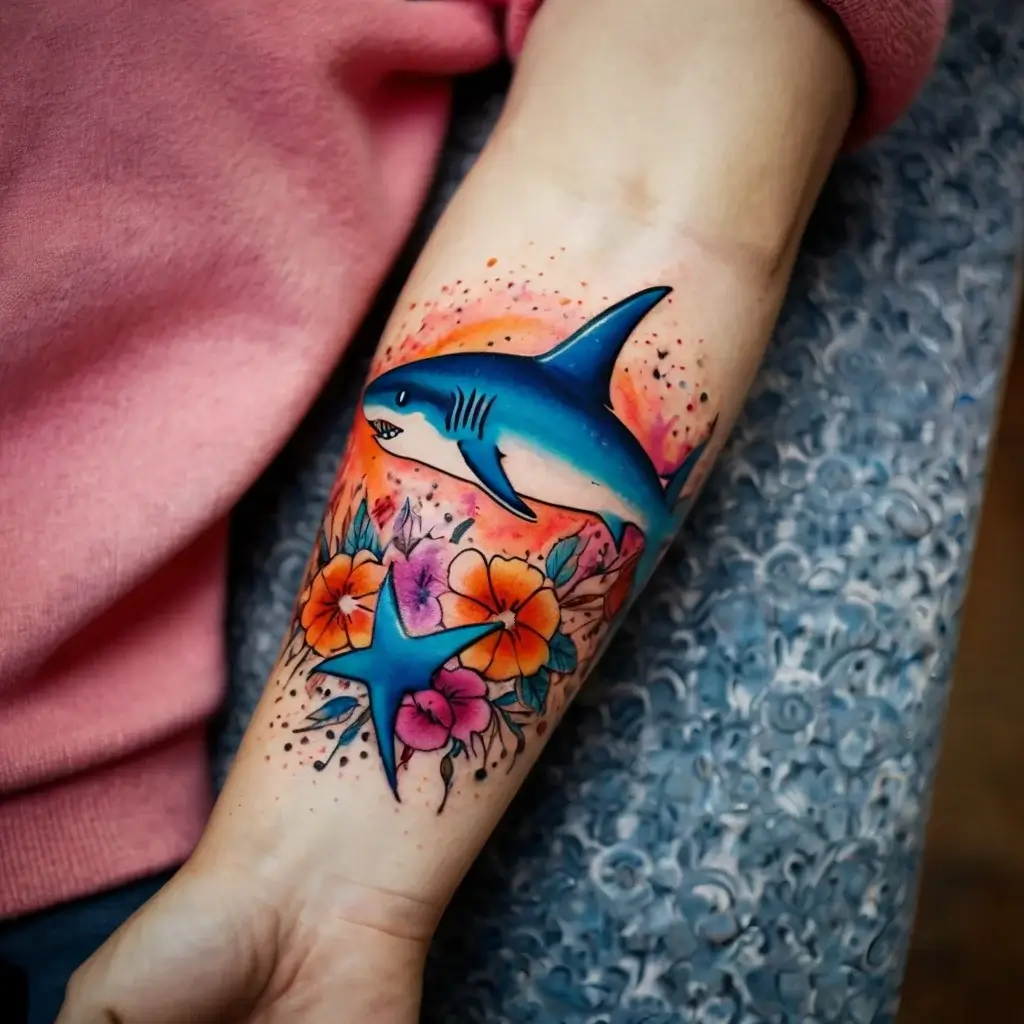 Colorful tattoo of a blue shark swimming above orange flowers and a starfish, set against a vibrant sunset background.