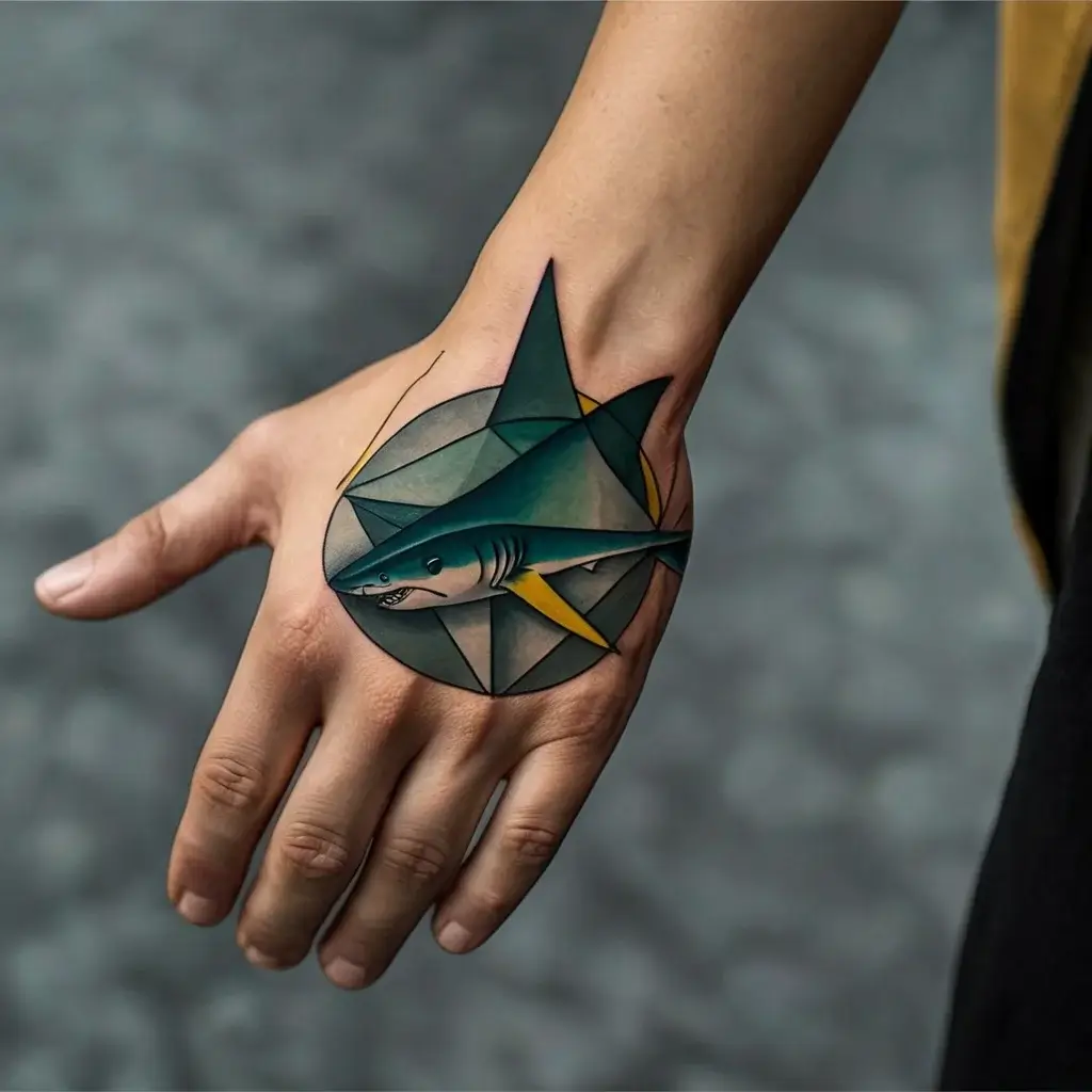 Geometric shark tattoo on hand, featuring angular patterns and a circular backdrop with shades of blue and green.