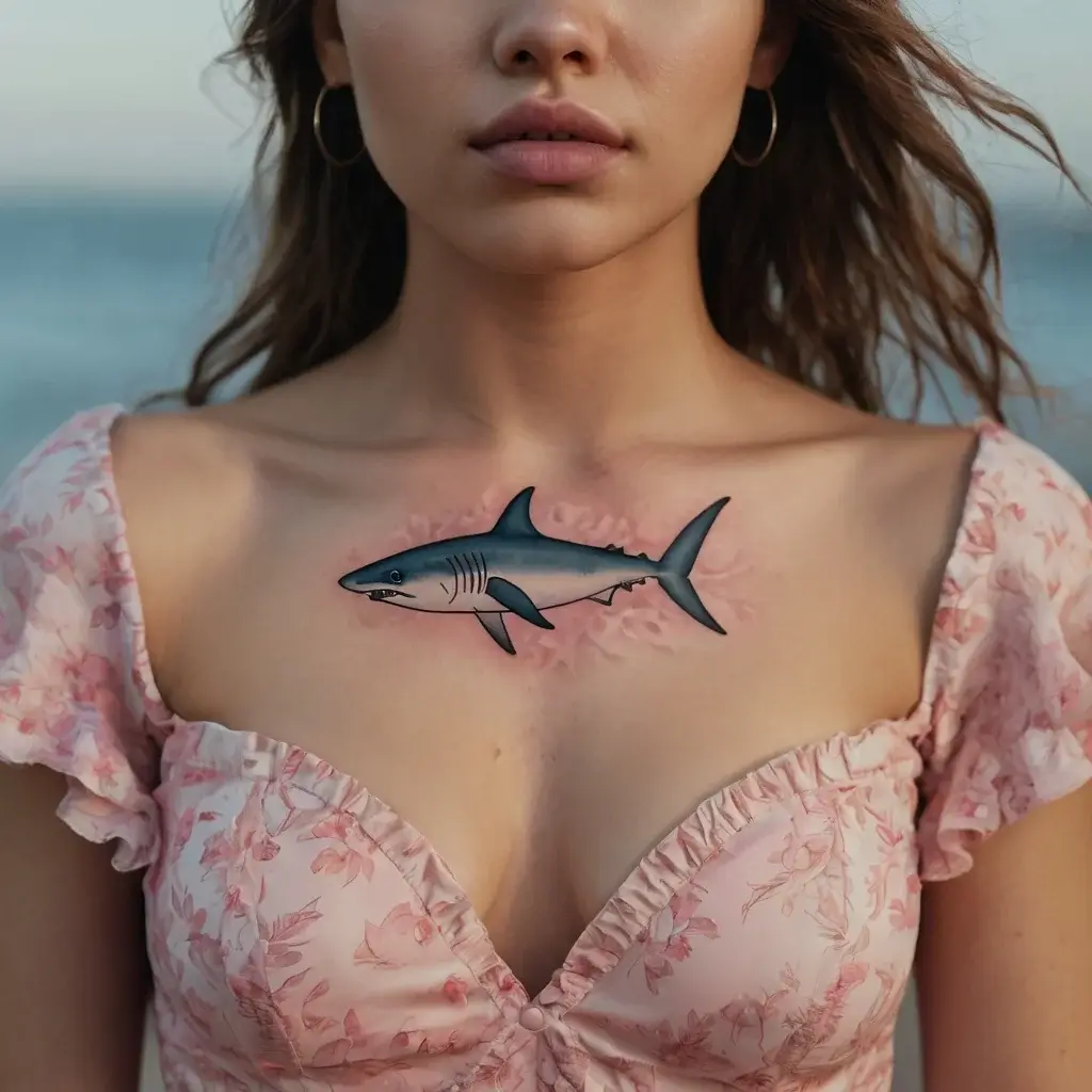 Stylized shark tattoo centered on the chest, featuring bold outlines and subtle shading, symbolizing strength and freedom.