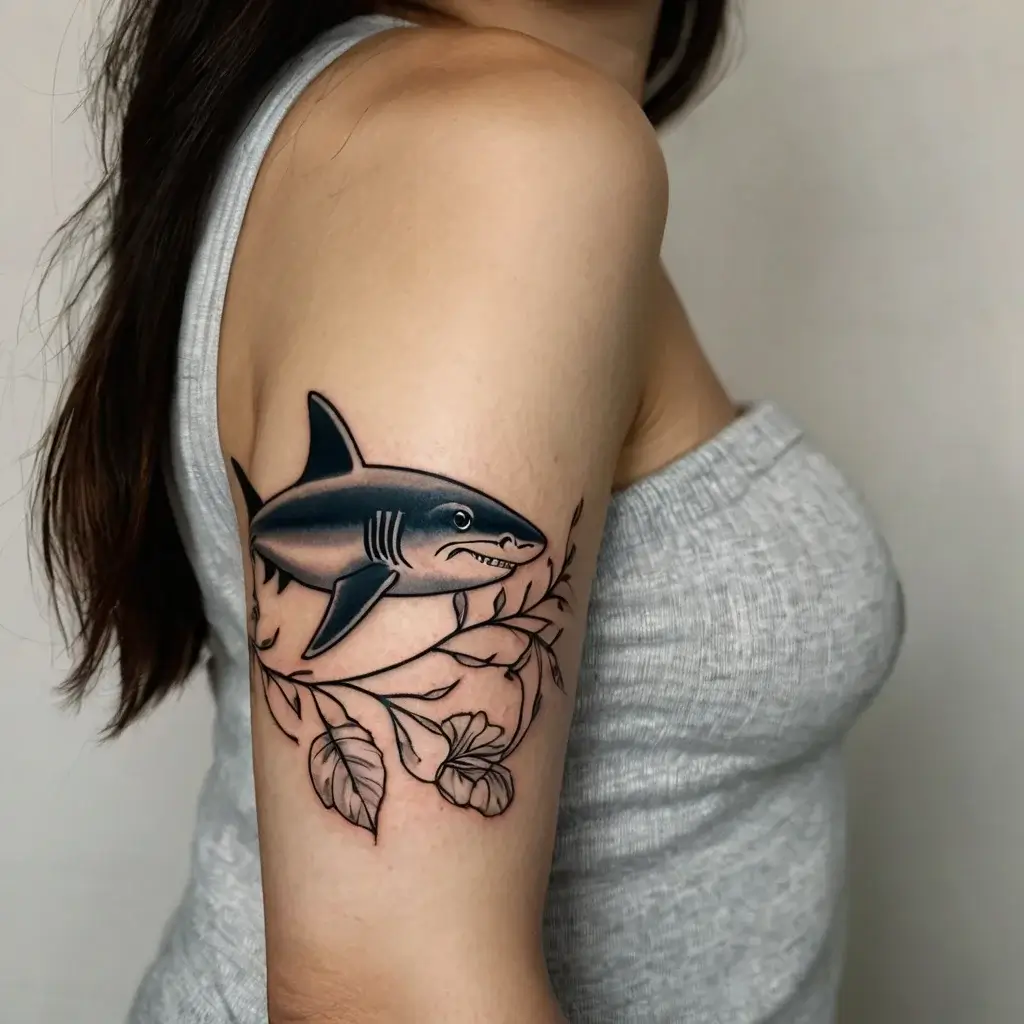 Realistic shark tattoo intertwined with smooth, black line floral branches on the upper arm, blending nature and sea.