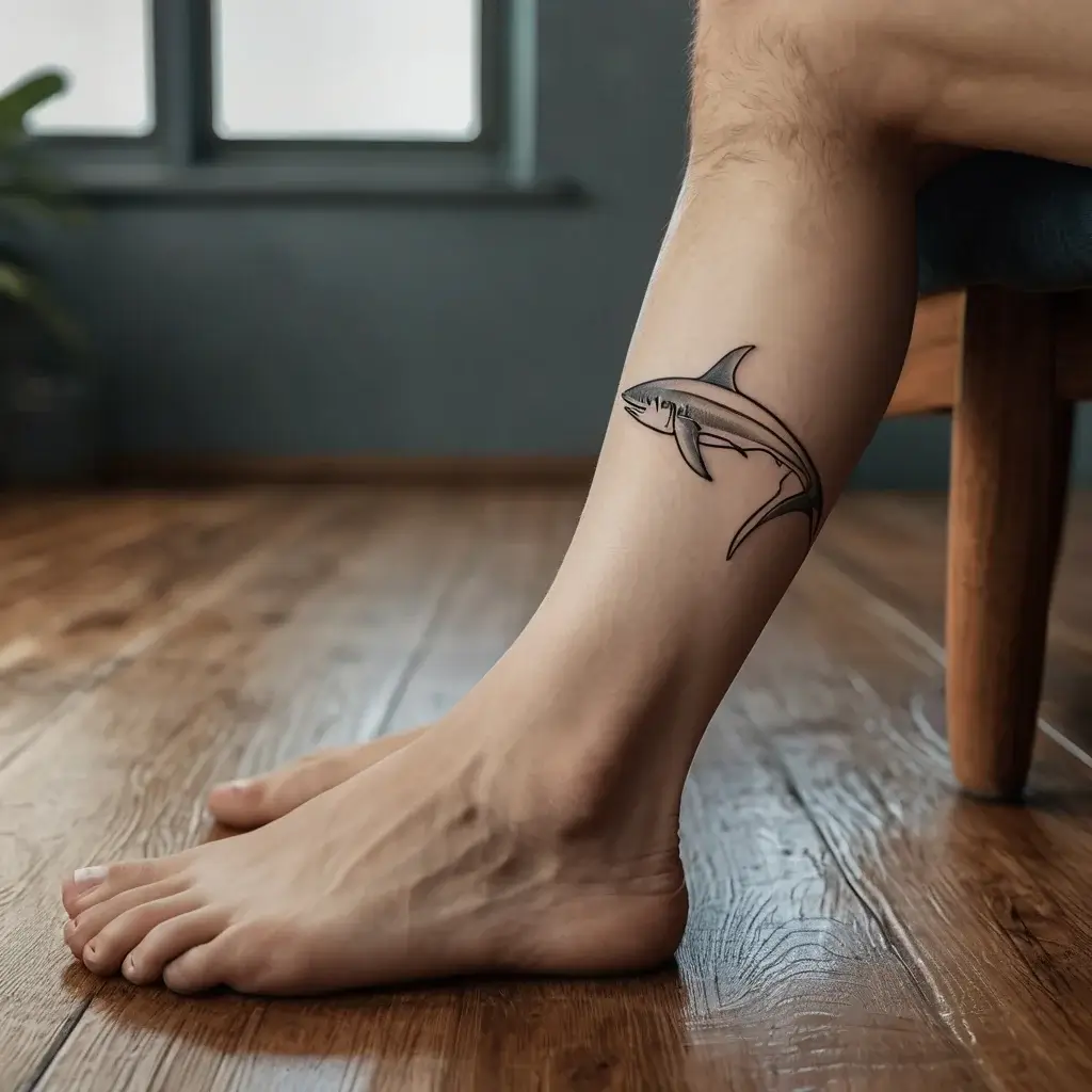 Black ink shark tattoo on calf, featuring clean lines and smooth shading, capturing a dynamic swimming pose.