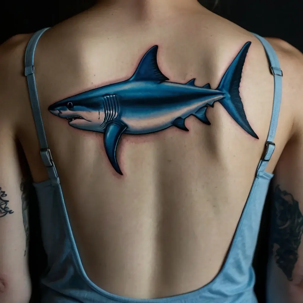 A realistic blue shark tattoo on upper back, showcasing dynamic shading and sharp fins for a lifelike effect.