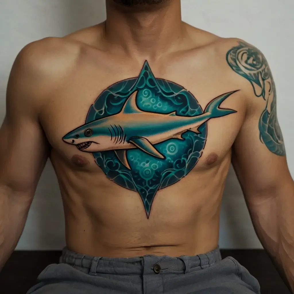 Chest tattoo of a dynamic shark inside a stylized blue ocean mandala, blending realism with vibrant aquatic elements.