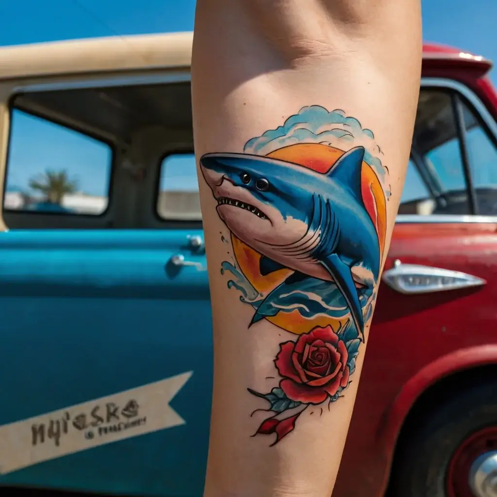 Tattoo of a vibrant blue shark breaking waves with a red rose beneath, against a sunset backdrop on the leg.