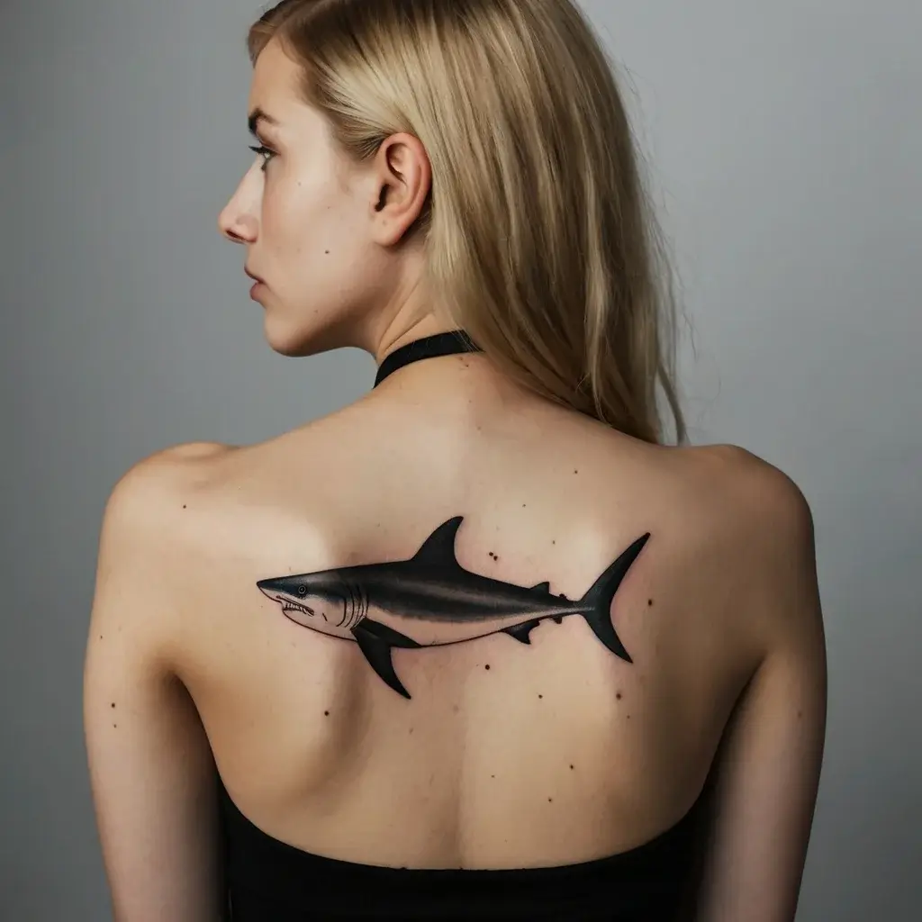 Realistic shark tattoo on upper back, showcasing sleek lines and shadowing, symbolizing strength and adaptability.