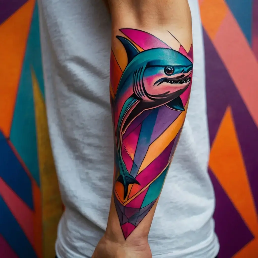 A vibrant neo-traditional shark tattoo with bold geometric shapes in blue, pink, purple, and orange on the forearm.