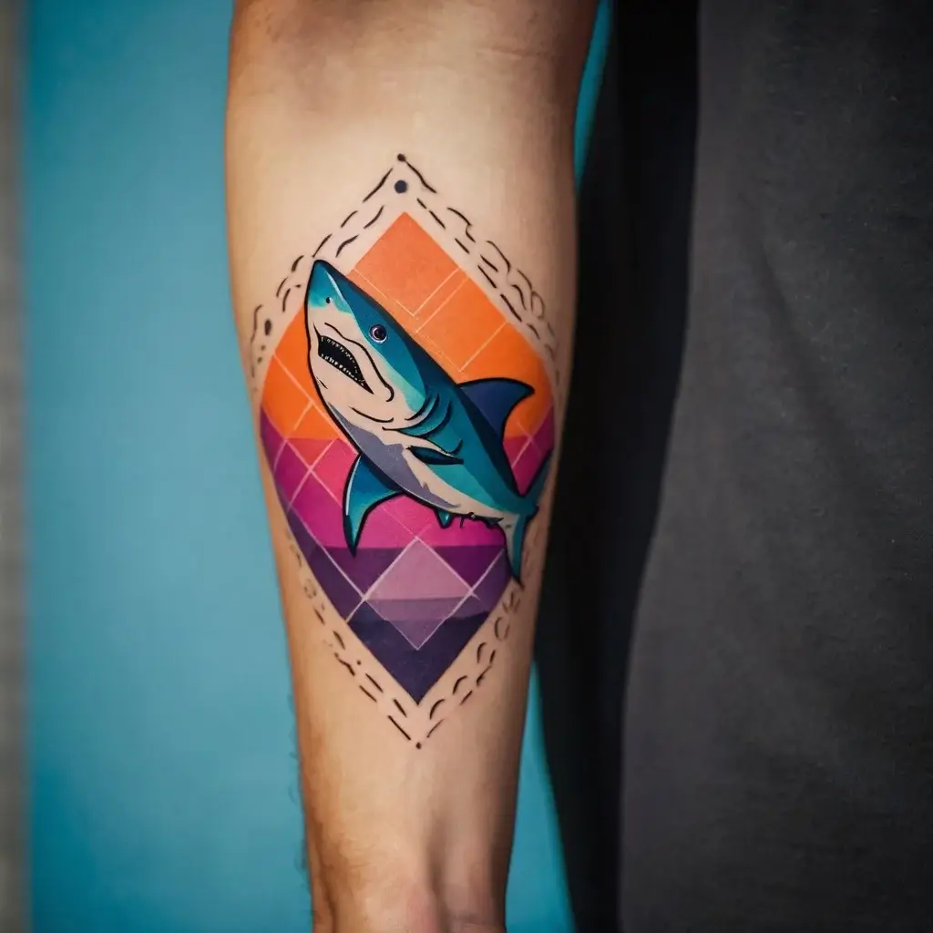 Stylized shark tattoo in bold colors, set against a geometric, gradient background with stitched border details.