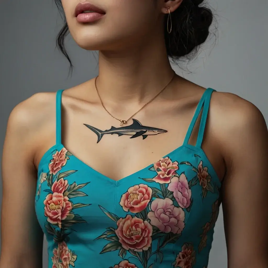 Shark tattoo in bold black ink on upper chest symbolizes strength and agility, contrasting with floral print dress.