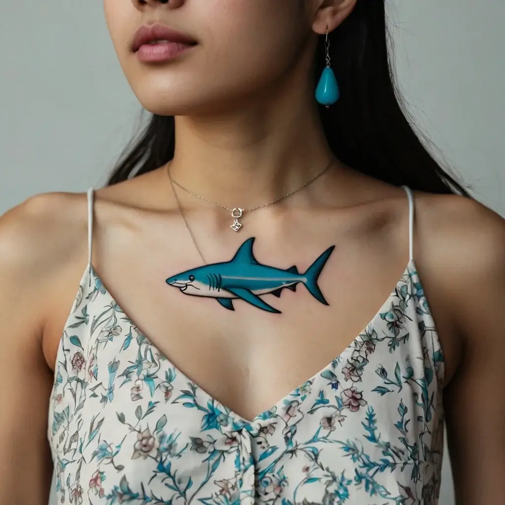 Bold, colorful shark tattoo on chest, showcasing shades of blue with clean lines, highlighting a dynamic and fierce design.