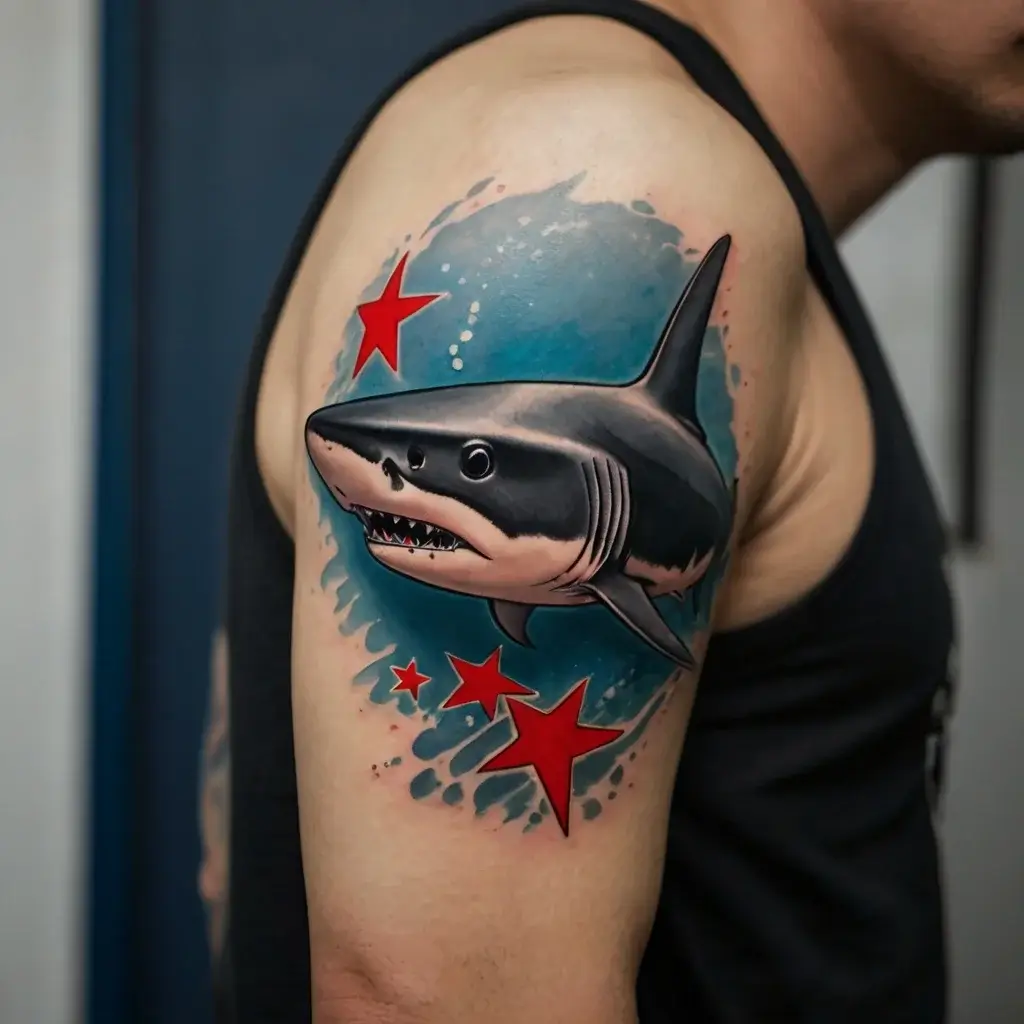 Tattoo of a realistic shark swimming amidst red stars on a vibrant blue background, creating a dynamic underwater scene.