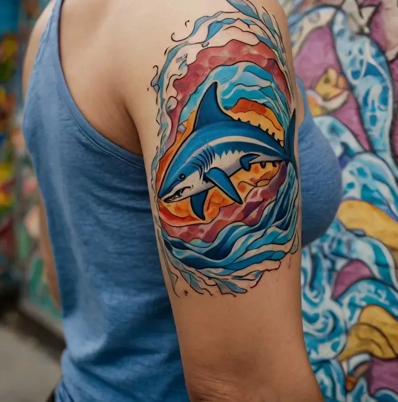 Colorful tattoo of a shark swimming through stylized waves, with vibrant sunset tones and fluid lines on the upper arm.