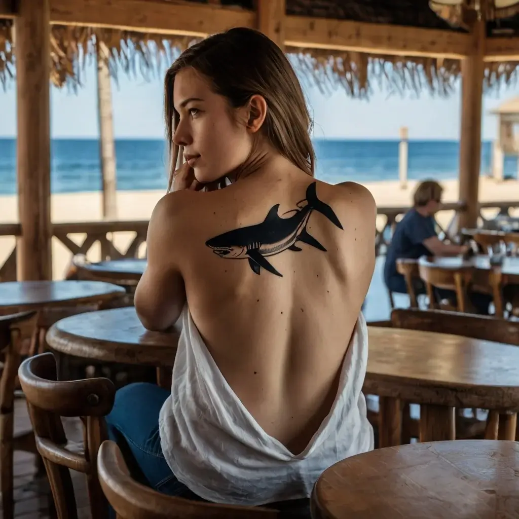 Stylized shark tattoo on upper back, showcasing bold lines and dynamic motion, set in a beachside café.