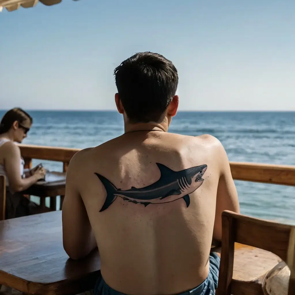 Realistic shark tattoo, dynamic and bold on the back, showcasing sharp details and a sense of movement against the ocean backdrop.