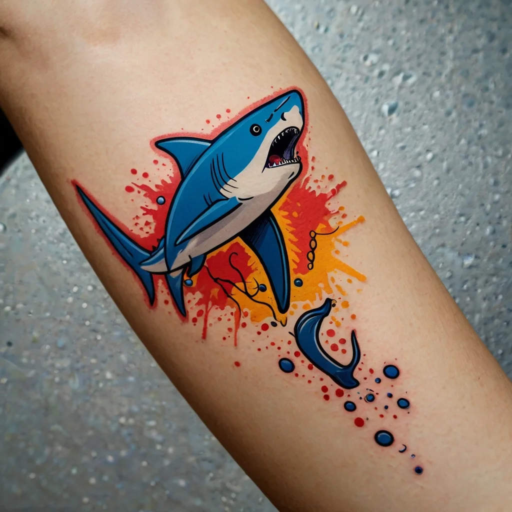 A vibrant tattoo of a fierce shark with open jaws, accented by bold splashes of orange and red behind it.