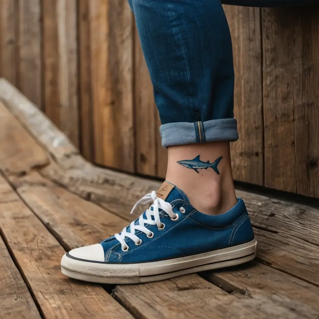 A small, realistic blue shark tattoo on inner ankle, symbolizing strength and adaptability against rolled-up jeans.