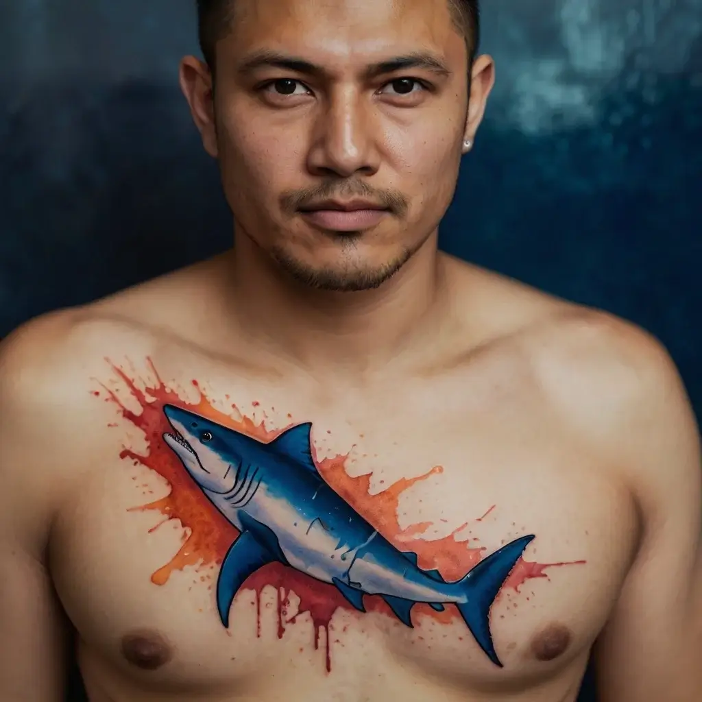 Chest tattoo of a vibrant blue shark with red and orange splashes, creating a dynamic, ocean-inspired design.