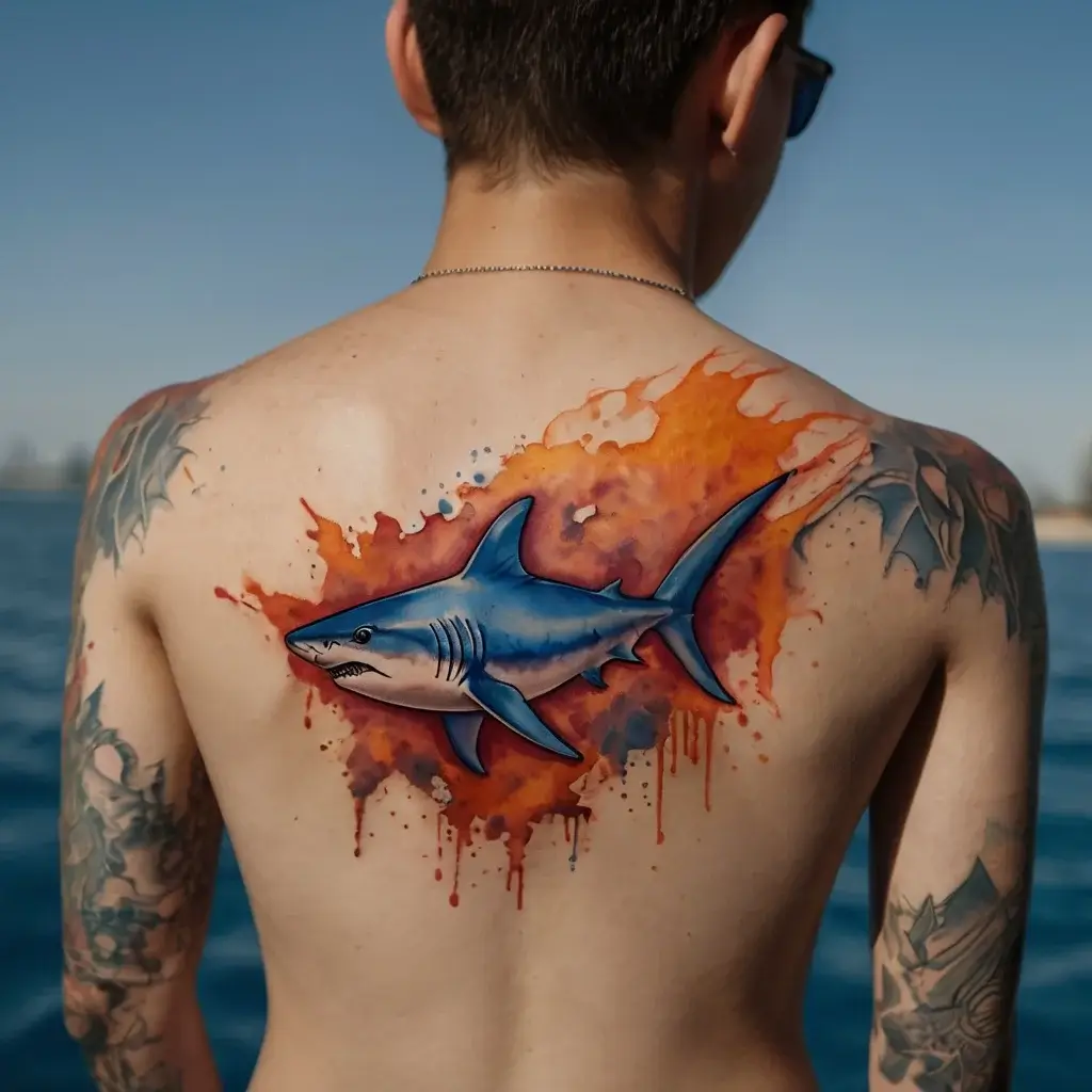 Tattoo of a vibrant blue shark swimming through dynamic orange splashes on the upper back, evoking energy and freedom.