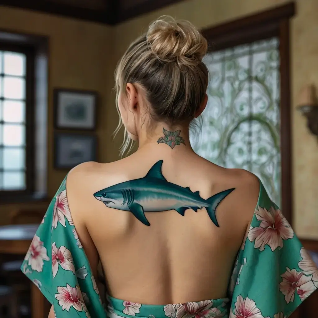 Realistic shark tattoo on a woman's back with a small floral design on her neck, creating a bold marine theme.